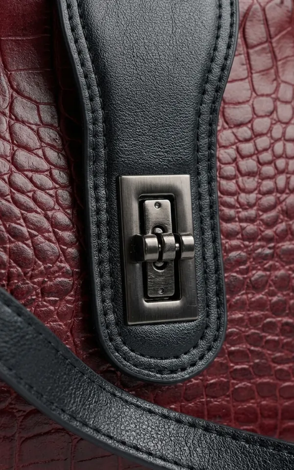 Red Wine croc leather party bag lock & hook close-up — premium ladies handbag hardware Bangladesh, women's cross bag detail